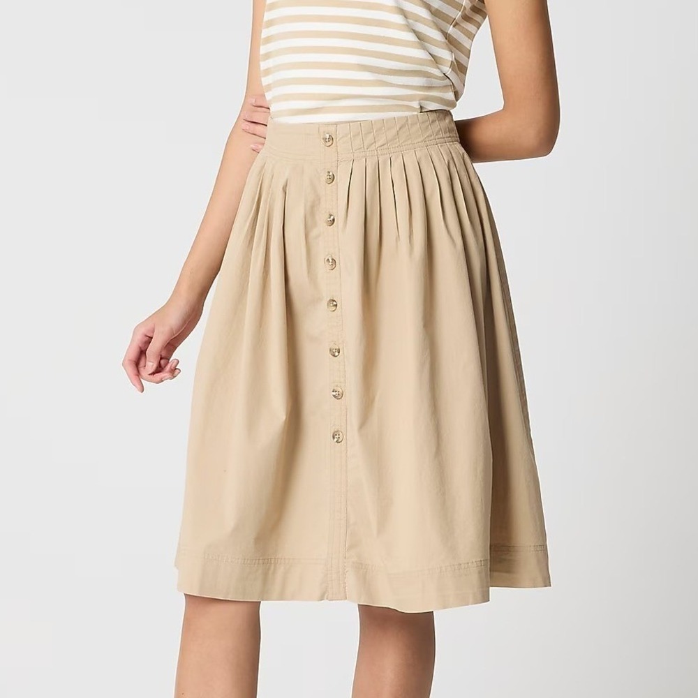 J. Crew Womens Khaki‎ Tan Cotton Button Front Pleated Midi Skirt Small CH391